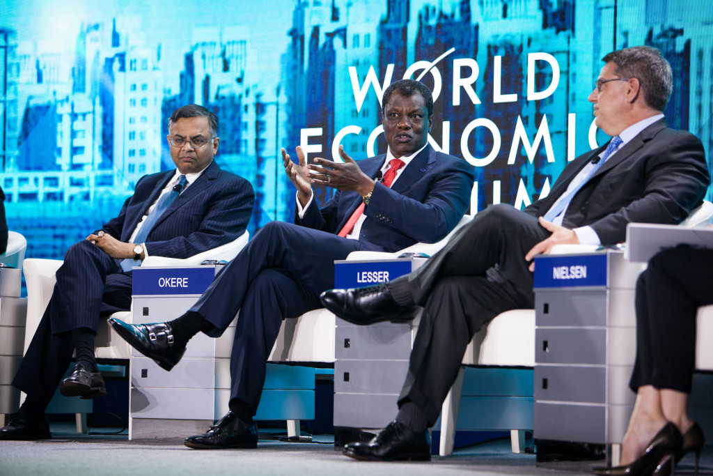 Mr. Okere Speaking at WEF alongside Rich Lesser, global CEO & President of the Boston Consulting Group, Natarajan Chandrasekaran, CEO of Tata Consultancy Services, Mitchell Baker, Executive Chairwoman of the Mozilla Foundation, and Maurice Levy, Chairman and CEO of the Publicis Groupe