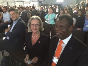 Hilde Schwab and Austin Okere at the strategic growth frameworks GGC & Tech Pioneers at the 2015 World Economic Forum Annual Meeting of New Champions, in China